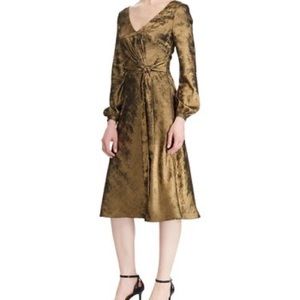 Lauren Ralph Lauren Gold Metallic V-Neck Puff Sleeve A-Line Dress with bow